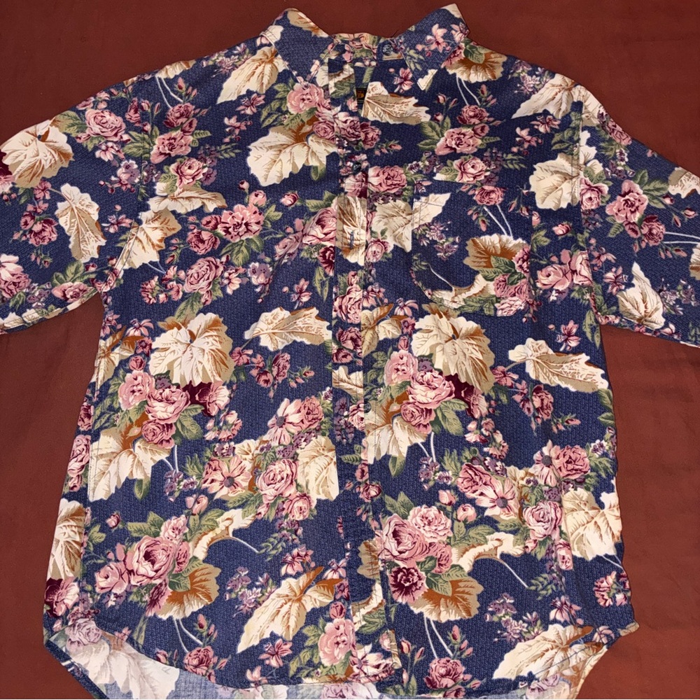 Route 66 Floral Button Down Shirt - Blue and Pink